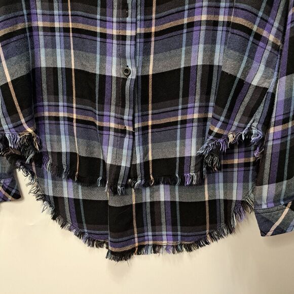 Cloth & Stone Womens Blue Plaid Striped Button Up Shirt w/Fringe Hem Medium - Picture 4 of 6